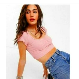 Topshop pink lettuce edge ruched crop top size 2,4,6,8,10,12.